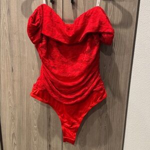 Lulus Sultry Whimsy Red Lace Off-the-shoulder Bodysuit - Size L